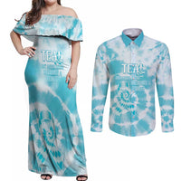 Teal Ribbon Cervical Cancer Awareness Couples Matching Off Shoulder Maxi Dress and Long Sleeve Button Shirt Not Going Down Without A Fight Tie Dye - Wonder Print Shop