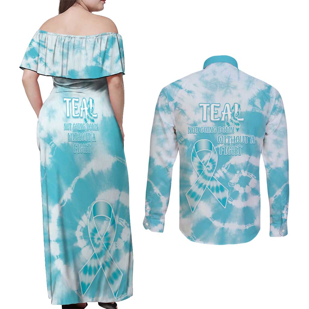 Teal Ribbon Cervical Cancer Awareness Couples Matching Off Shoulder Maxi Dress and Long Sleeve Button Shirt Not Going Down Without A Fight Tie Dye - Wonder Print Shop