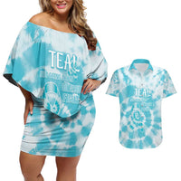 Teal Ribbon Cervical Cancer Awareness Couples Matching Off Shoulder Short Dress and Hawaiian Shirt Not Going Down Without A Fight Tie Dye - Wonder Print Shop