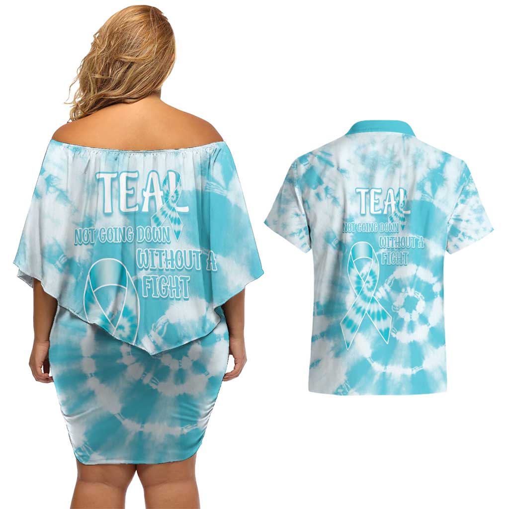Teal Ribbon Cervical Cancer Awareness Couples Matching Off Shoulder Short Dress and Hawaiian Shirt Not Going Down Without A Fight Tie Dye - Wonder Print Shop