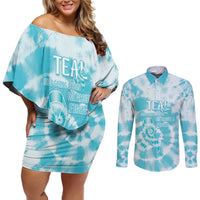 Teal Ribbon Cervical Cancer Awareness Couples Matching Off Shoulder Short Dress and Long Sleeve Button Shirt Not Going Down Without A Fight Tie Dye - Wonder Print Shop