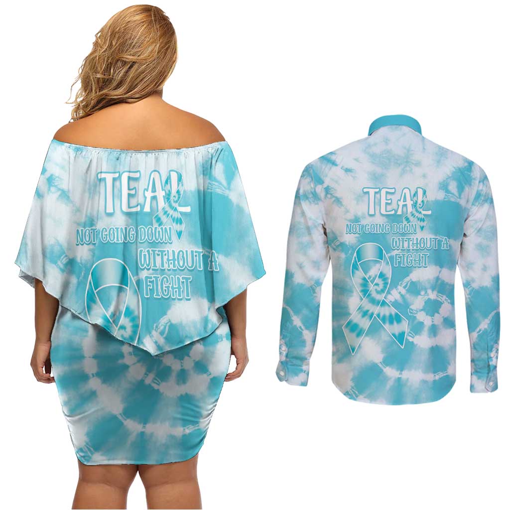 Teal Ribbon Cervical Cancer Awareness Couples Matching Off Shoulder Short Dress and Long Sleeve Button Shirt Not Going Down Without A Fight Tie Dye - Wonder Print Shop