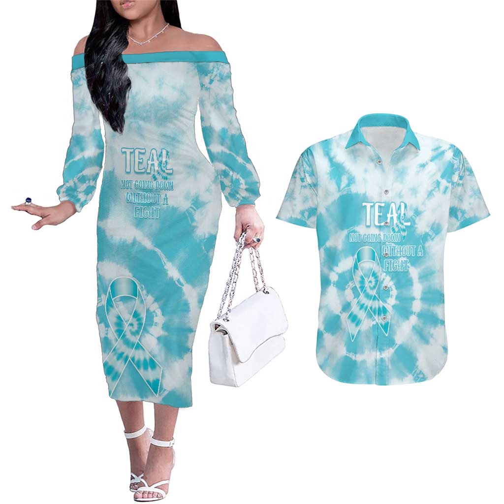 Teal Ribbon Cervical Cancer Awareness Couples Matching Off The Shoulder Long Sleeve Dress and Hawaiian Shirt Not Going Down Without A Fight Tie Dye - Wonder Print Shop