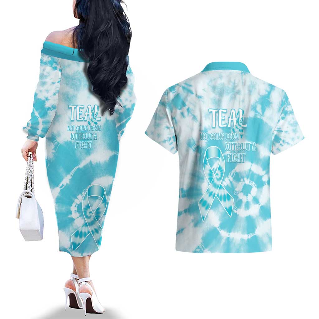 Teal Ribbon Cervical Cancer Awareness Couples Matching Off The Shoulder Long Sleeve Dress and Hawaiian Shirt Not Going Down Without A Fight Tie Dye - Wonder Print Shop