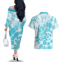 Teal Ribbon Cervical Cancer Awareness Couples Matching Off The Shoulder Long Sleeve Dress and Hawaiian Shirt Not Going Down Without A Fight Tie Dye - Wonder Print Shop