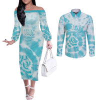 Teal Ribbon Cervical Cancer Awareness Couples Matching Off The Shoulder Long Sleeve Dress and Long Sleeve Button Shirt Not Going Down Without A Fight Tie Dye - Wonder Print Shop