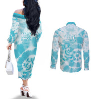 Teal Ribbon Cervical Cancer Awareness Couples Matching Off The Shoulder Long Sleeve Dress and Long Sleeve Button Shirt Not Going Down Without A Fight Tie Dye - Wonder Print Shop
