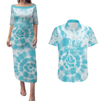 Teal Ribbon Cervical Cancer Awareness Couples Matching Puletasi and Hawaiian Shirt Not Going Down Without A Fight Tie Dye - Wonder Print Shop