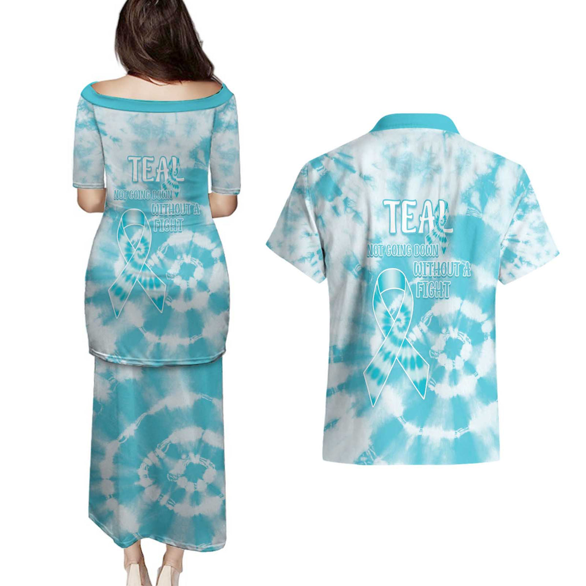 Teal Ribbon Cervical Cancer Awareness Couples Matching Puletasi and Hawaiian Shirt Not Going Down Without A Fight Tie Dye - Wonder Print Shop