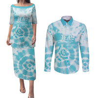 Teal Ribbon Cervical Cancer Awareness Couples Matching Puletasi and Long Sleeve Button Shirt Not Going Down Without A Fight Tie Dye - Wonder Print Shop