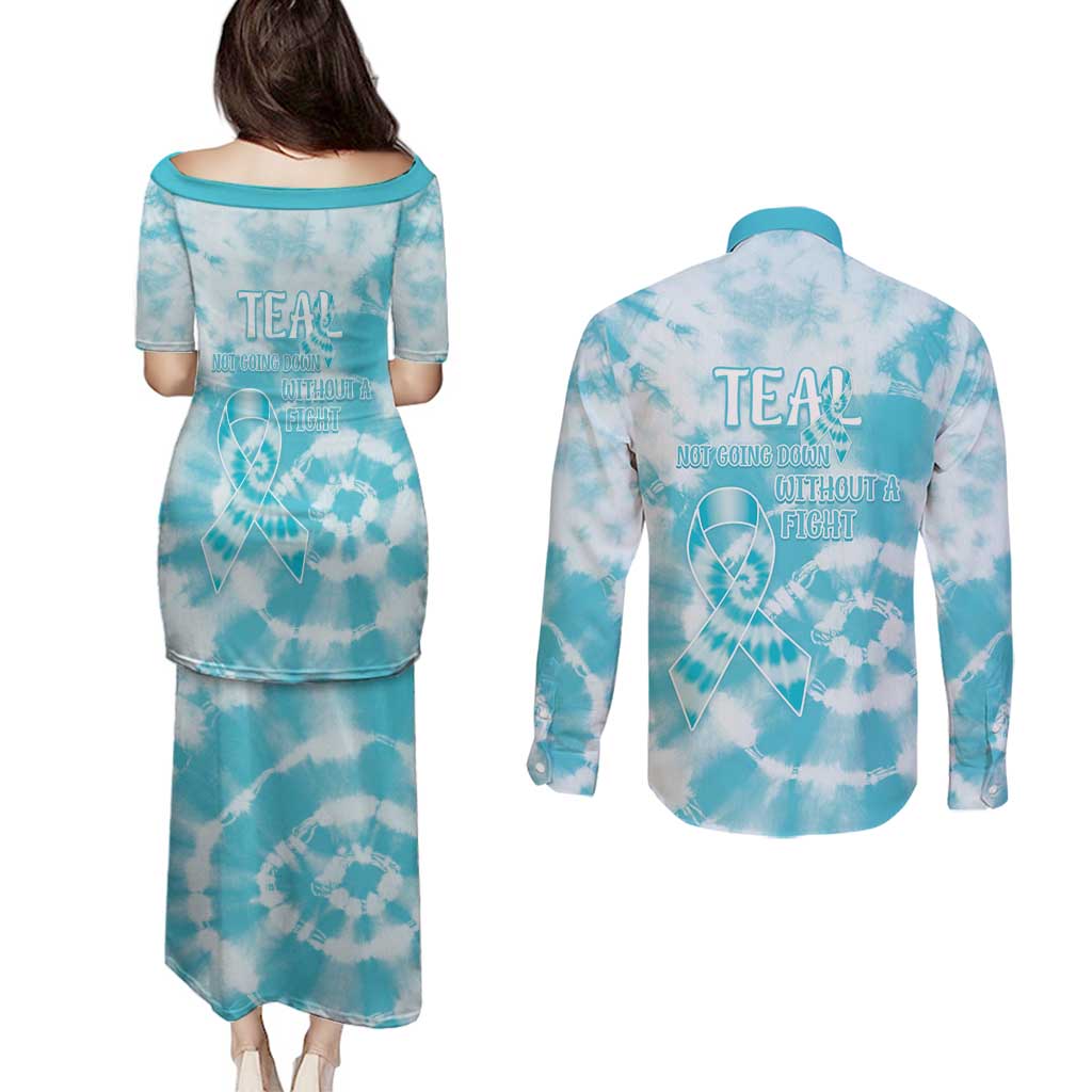 Teal Ribbon Cervical Cancer Awareness Couples Matching Puletasi and Long Sleeve Button Shirt Not Going Down Without A Fight Tie Dye - Wonder Print Shop