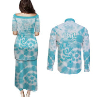 Teal Ribbon Cervical Cancer Awareness Couples Matching Puletasi and Long Sleeve Button Shirt Not Going Down Without A Fight Tie Dye - Wonder Print Shop