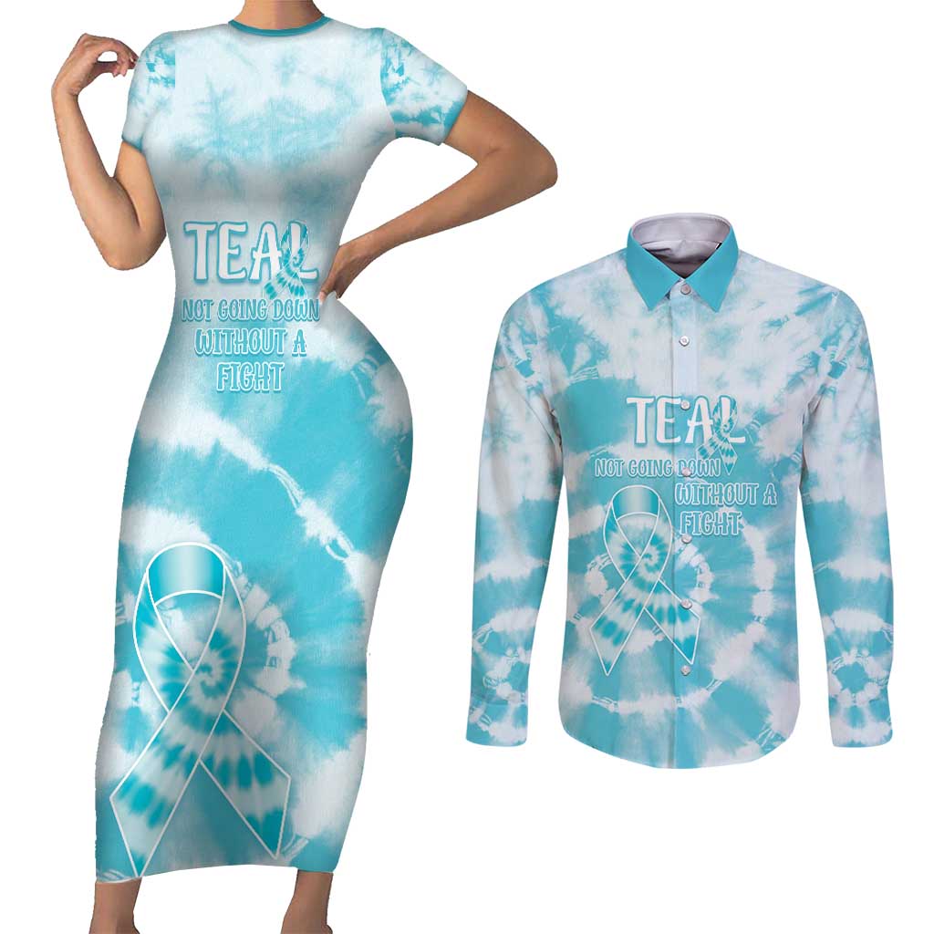 Teal Ribbon Cervical Cancer Awareness Couples Matching Short Sleeve Bodycon Dress and Long Sleeve Button Shirt Not Going Down Without A Fight Tie Dye - Wonder Print Shop