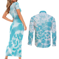 Teal Ribbon Cervical Cancer Awareness Couples Matching Short Sleeve Bodycon Dress and Long Sleeve Button Shirt Not Going Down Without A Fight Tie Dye - Wonder Print Shop