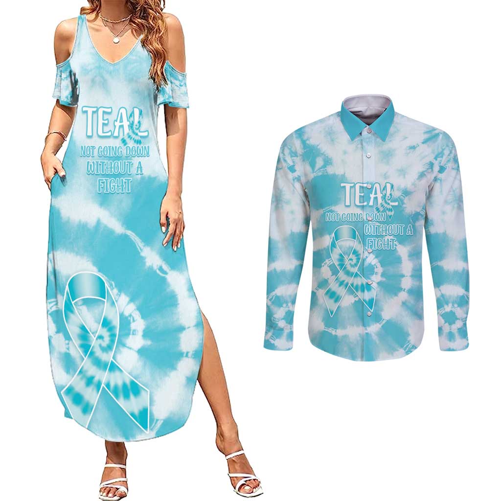 Teal Ribbon Cervical Cancer Awareness Couples Matching Summer Maxi Dress and Long Sleeve Button Shirt Not Going Down Without A Fight Tie Dye - Wonder Print Shop