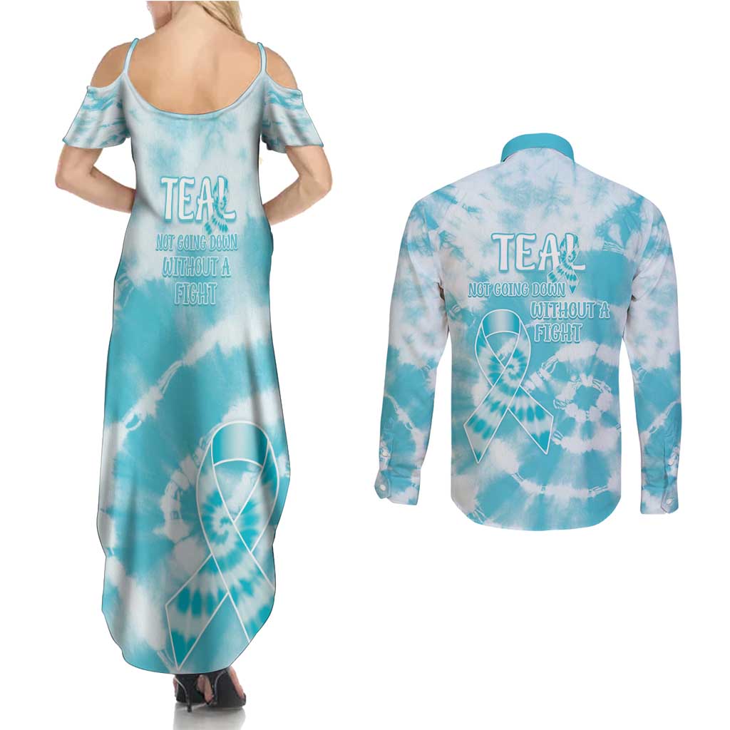 Teal Ribbon Cervical Cancer Awareness Couples Matching Summer Maxi Dress and Long Sleeve Button Shirt Not Going Down Without A Fight Tie Dye - Wonder Print Shop