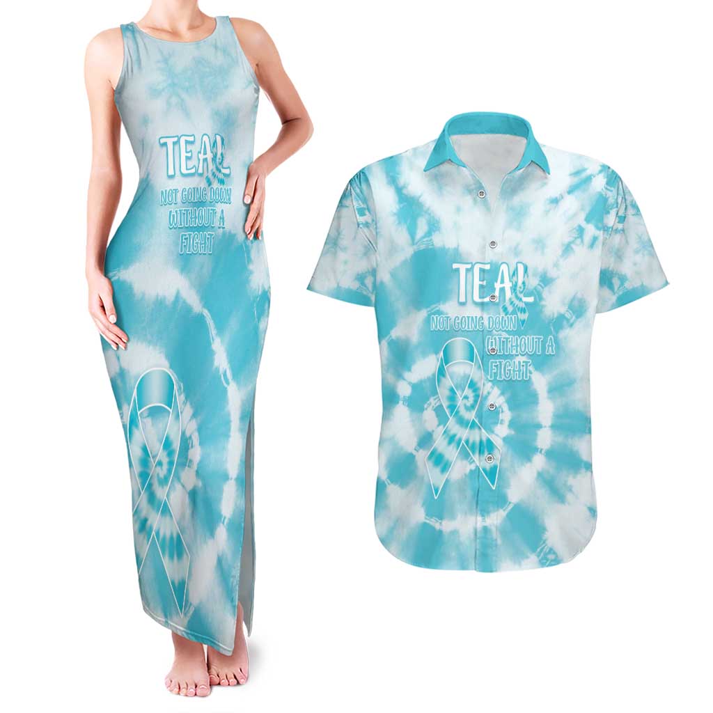 Teal Ribbon Cervical Cancer Awareness Couples Matching Tank Maxi Dress and Hawaiian Shirt Not Going Down Without A Fight Tie Dye - Wonder Print Shop