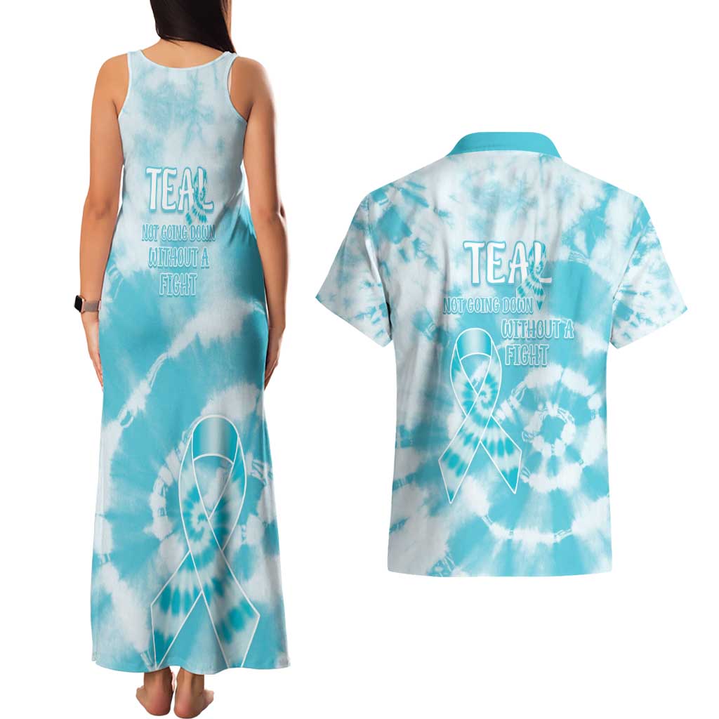 Teal Ribbon Cervical Cancer Awareness Couples Matching Tank Maxi Dress and Hawaiian Shirt Not Going Down Without A Fight Tie Dye - Wonder Print Shop