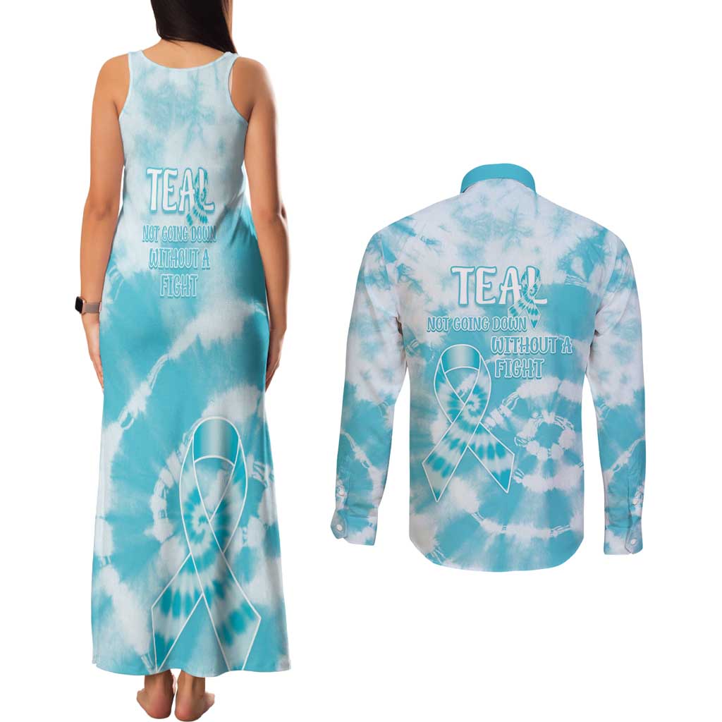 Teal Ribbon Cervical Cancer Awareness Couples Matching Tank Maxi Dress and Long Sleeve Button Shirt Not Going Down Without A Fight Tie Dye - Wonder Print Shop