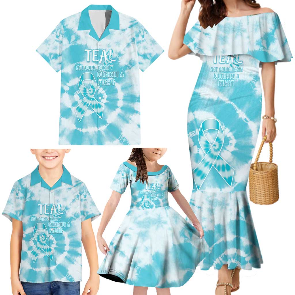 Teal Ribbon Cervical Cancer Awareness Family Matching Mermaid Dress and Hawaiian Shirt Not Going Down Without A Fight Tie Dye - Wonder Print Shop