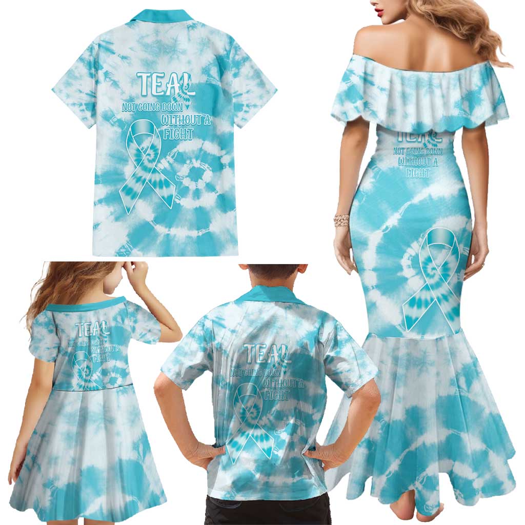 Teal Ribbon Cervical Cancer Awareness Family Matching Mermaid Dress and Hawaiian Shirt Not Going Down Without A Fight Tie Dye - Wonder Print Shop