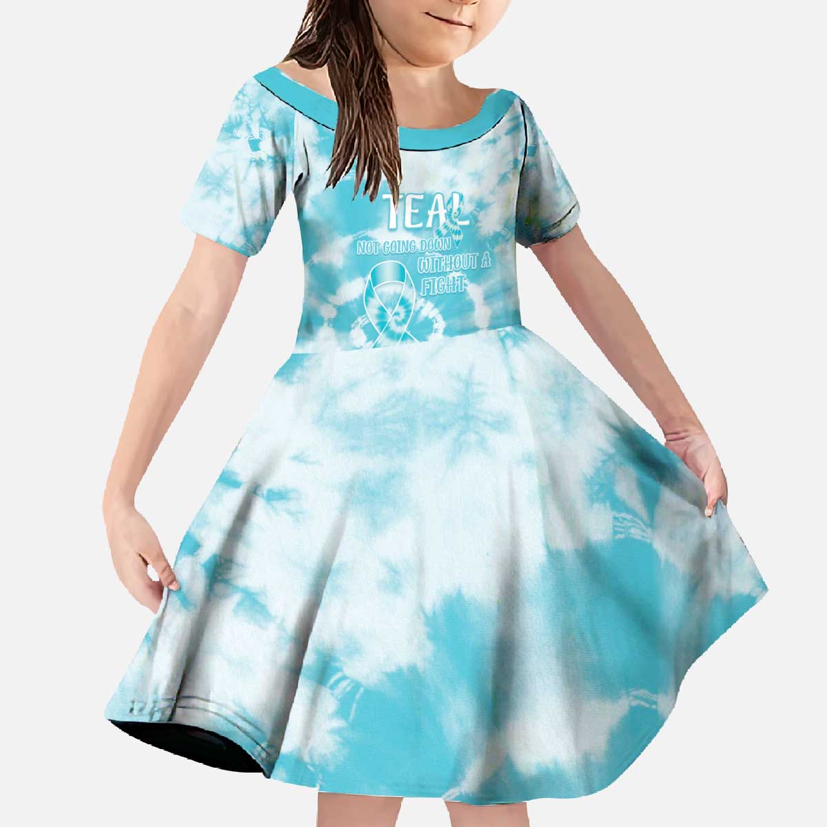 Teal Ribbon Cervical Cancer Awareness Family Matching Off The Shoulder Long Sleeve Dress and Hawaiian Shirt Not Going Down Without A Fight Tie Dye - Wonder Print Shop