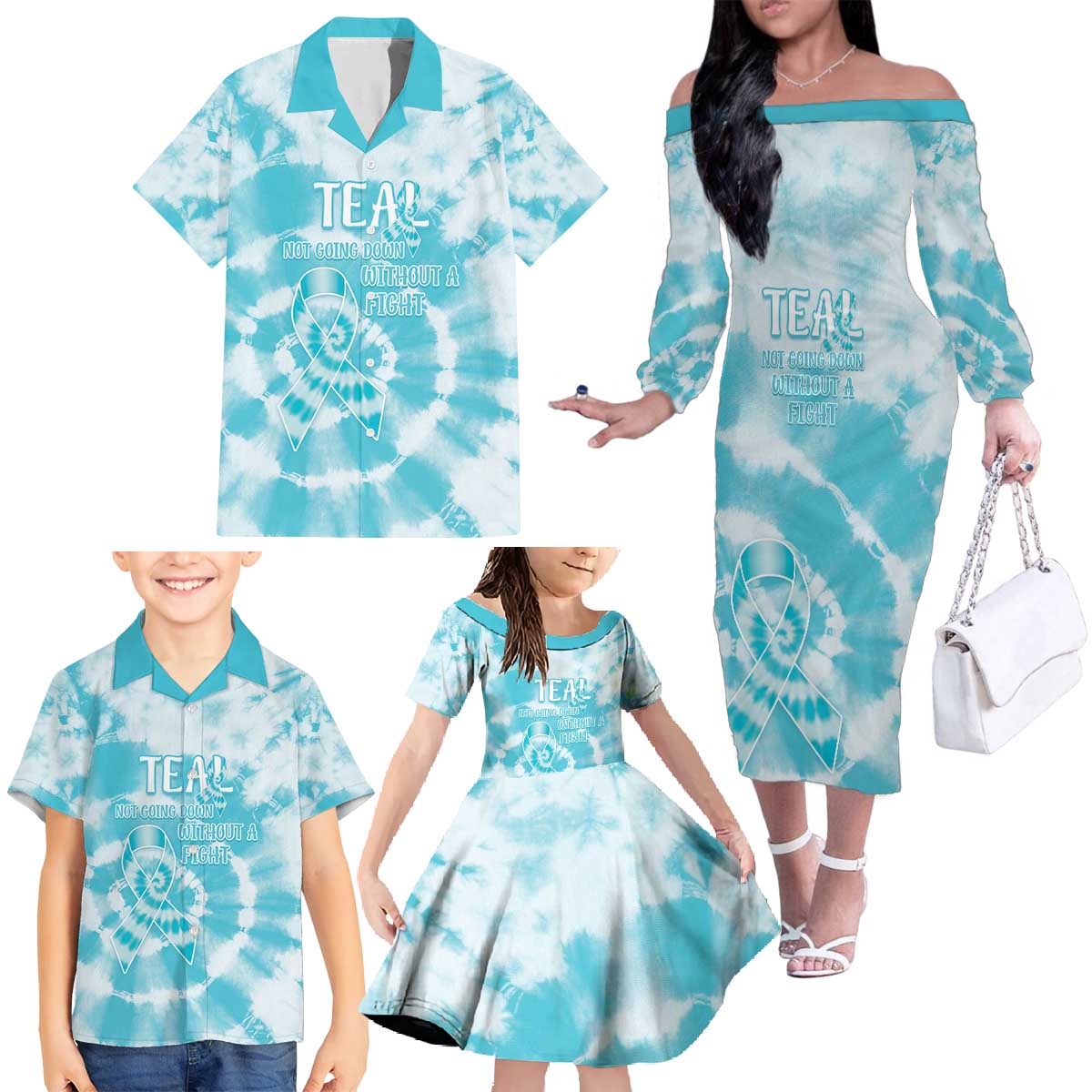 Teal Ribbon Cervical Cancer Awareness Family Matching Off The Shoulder Long Sleeve Dress and Hawaiian Shirt Not Going Down Without A Fight Tie Dye - Wonder Print Shop