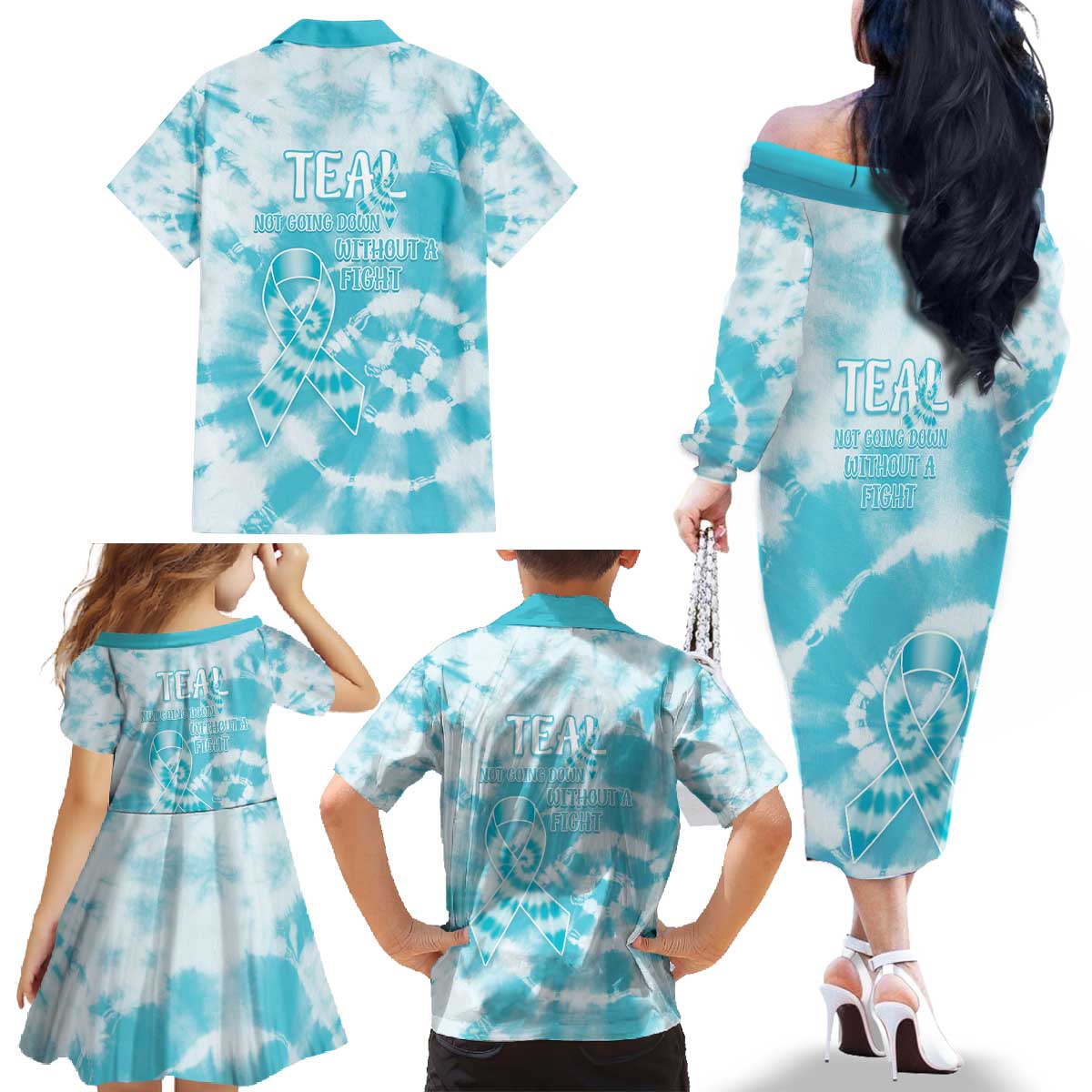 Teal Ribbon Cervical Cancer Awareness Family Matching Off The Shoulder Long Sleeve Dress and Hawaiian Shirt Not Going Down Without A Fight Tie Dye - Wonder Print Shop