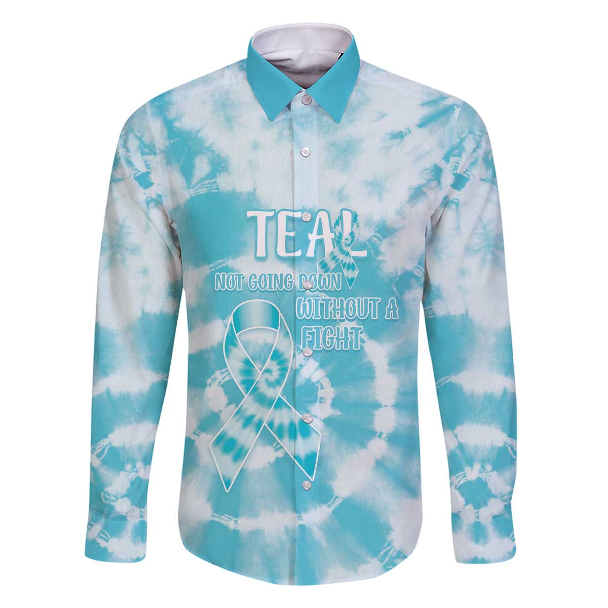 Teal Ribbon Cervical Cancer Awareness Family Matching Off The Shoulder Long Sleeve Dress and Hawaiian Shirt Not Going Down Without A Fight Tie Dye - Wonder Print Shop