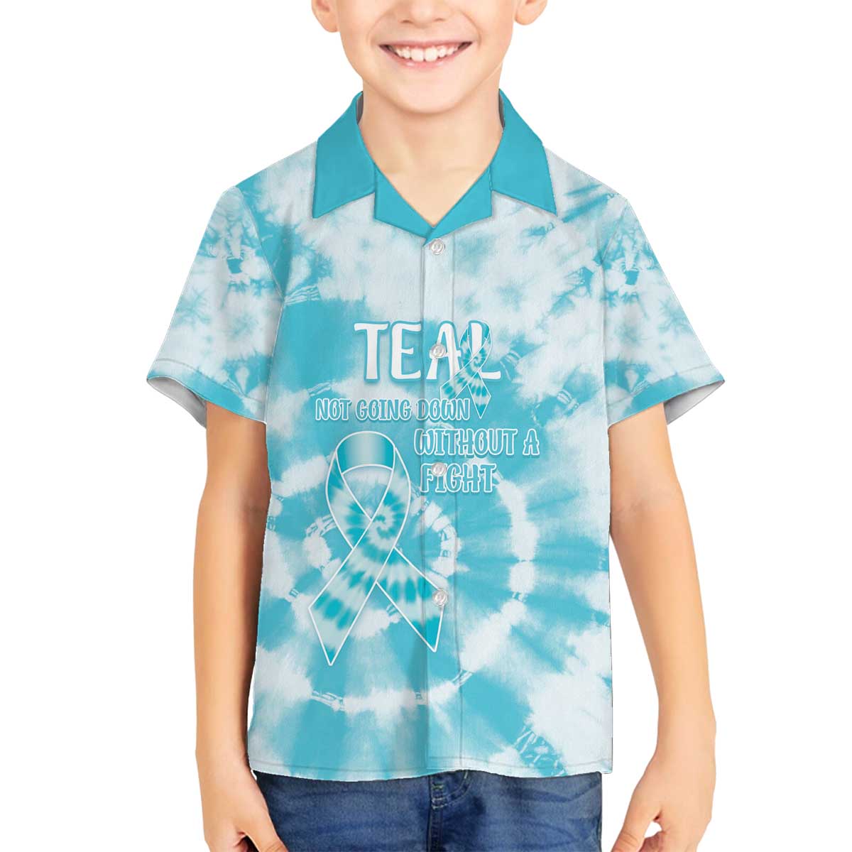 Teal Ribbon Cervical Cancer Awareness Family Matching Off The Shoulder Long Sleeve Dress and Hawaiian Shirt Not Going Down Without A Fight Tie Dye - Wonder Print Shop