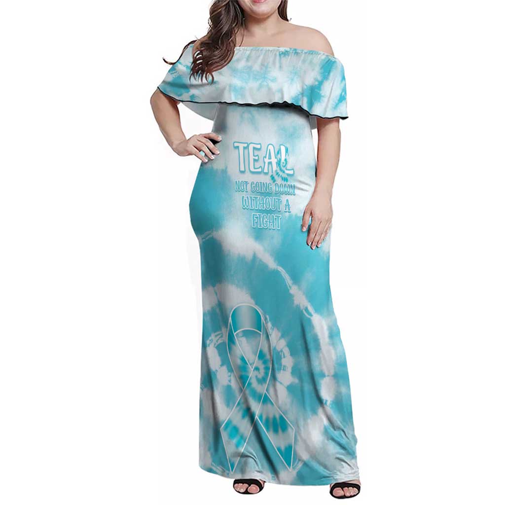 Teal Ribbon Cervical Cancer Awareness Family Matching Off Shoulder Maxi Dress and Hawaiian Shirt Not Going Down Without A Fight Tie Dye - Wonder Print Shop