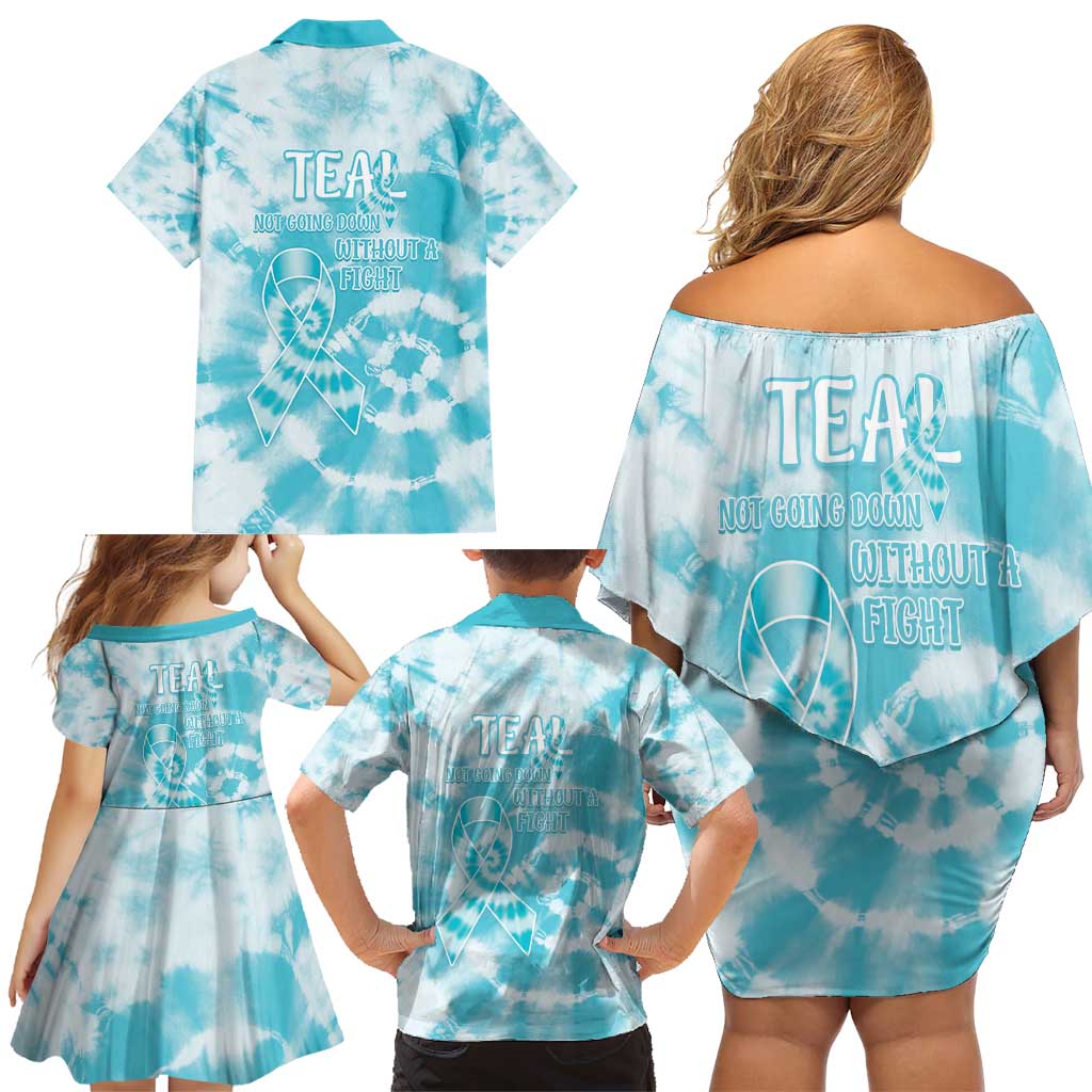 Teal Ribbon Cervical Cancer Awareness Family Matching Off Shoulder Short Dress and Hawaiian Shirt Not Going Down Without A Fight Tie Dye - Wonder Print Shop