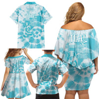 Teal Ribbon Cervical Cancer Awareness Family Matching Off Shoulder Short Dress and Hawaiian Shirt Not Going Down Without A Fight Tie Dye - Wonder Print Shop