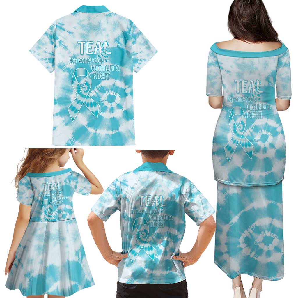 Teal Ribbon Cervical Cancer Awareness Family Matching Puletasi and Hawaiian Shirt Not Going Down Without A Fight Tie Dye - Wonder Print Shop