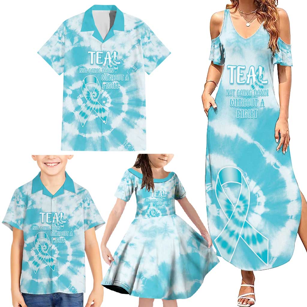 Teal Ribbon Cervical Cancer Awareness Family Matching Summer Maxi Dress and Hawaiian Shirt Not Going Down Without A Fight Tie Dye - Wonder Print Shop