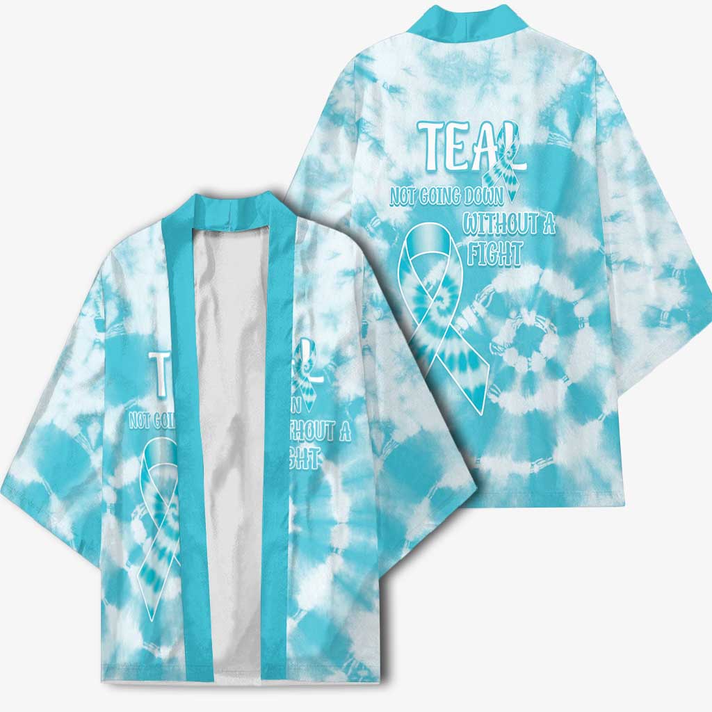 Teal Ribbon Cervical Cancer Awareness Kimono Not Going Down Without A Fight Tie Dye - Wonder Print Shop