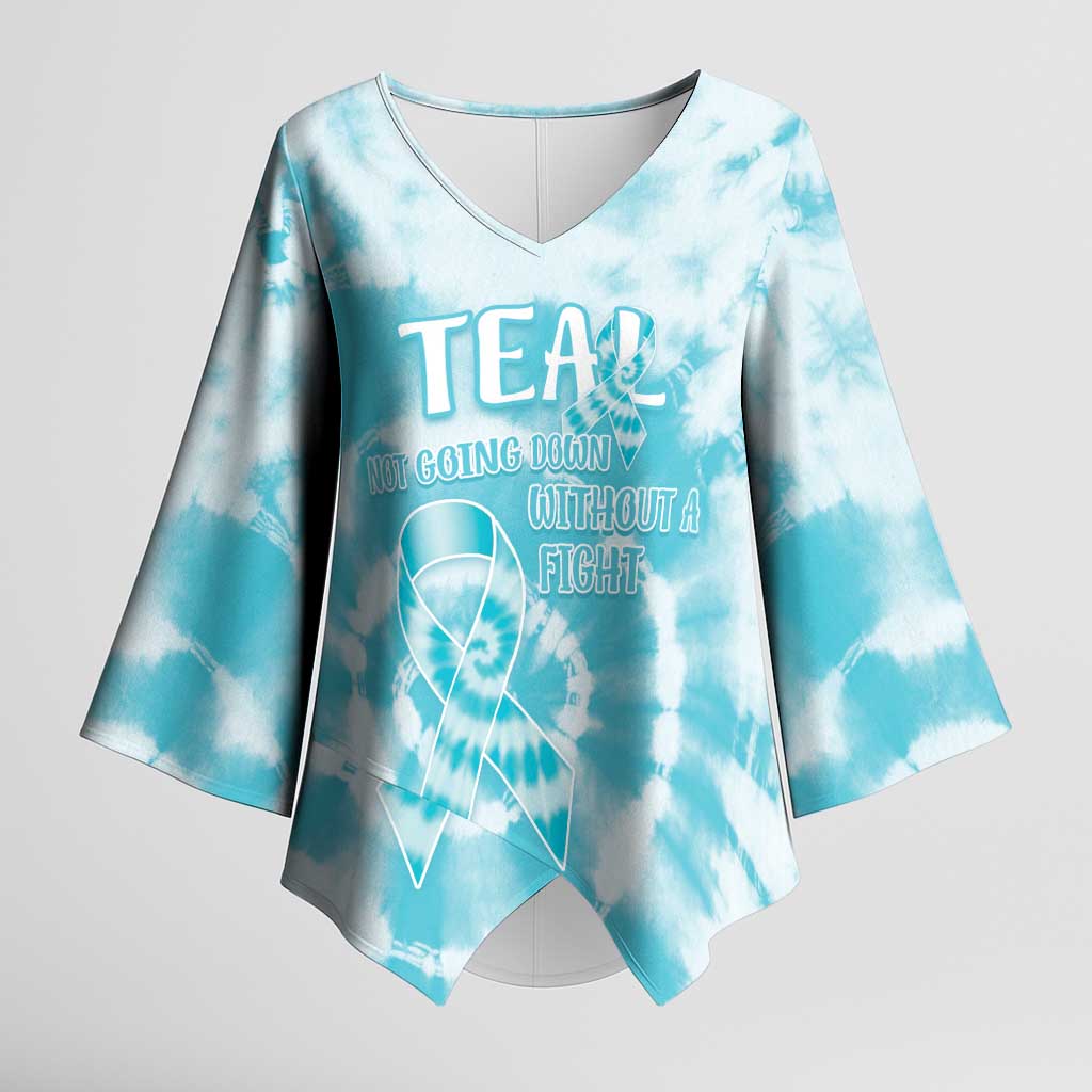Teal Ribbon Cervical Cancer Awareness Kimono Sleeve Blouse Not Going Down Without A Fight Tie Dye - Wonder Print Shop