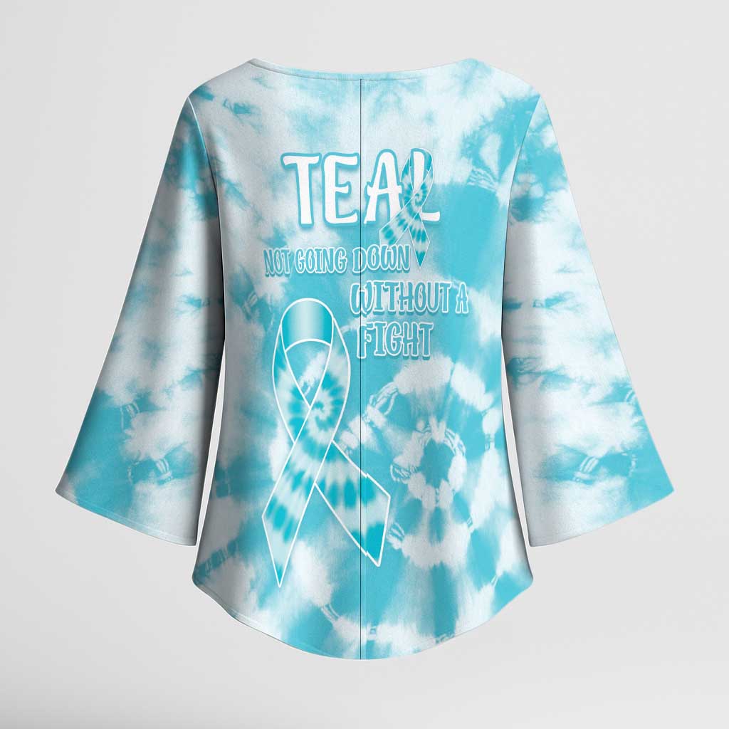 Teal Ribbon Cervical Cancer Awareness Kimono Sleeve Blouse Not Going Down Without A Fight Tie Dye - Wonder Print Shop