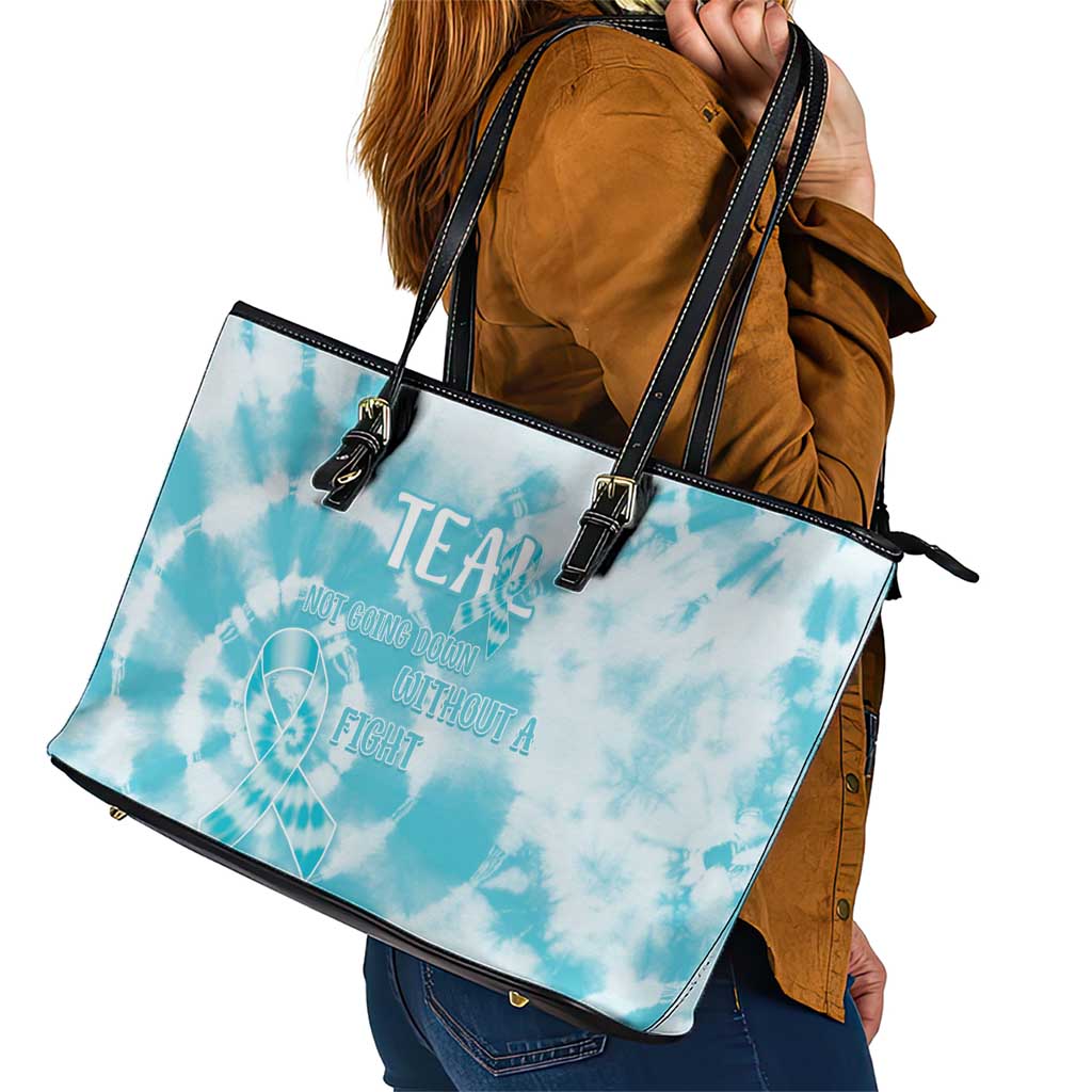 Teal Ribbon Cervical Cancer Awareness Leather Tote Bag Not Going Down Without A Fight Tie Dye - Wonder Print Shop