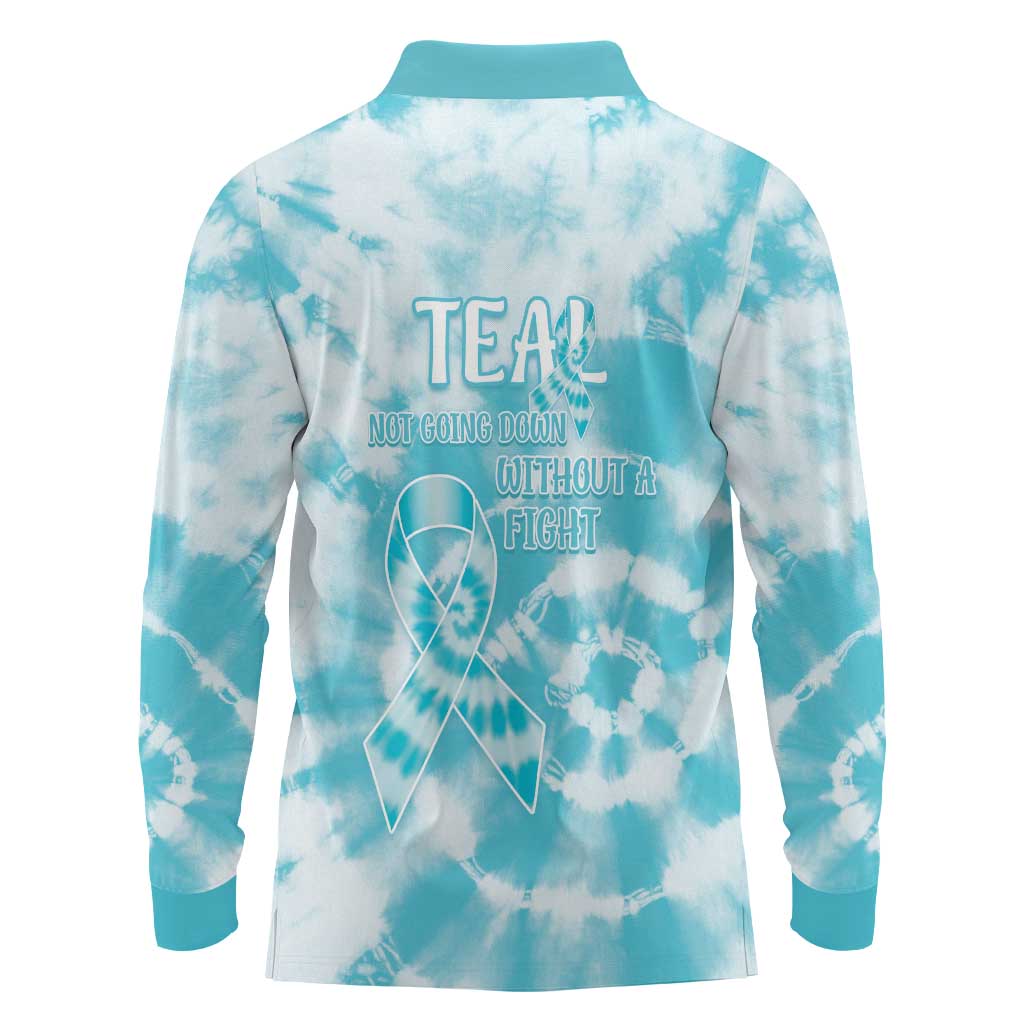 Teal Ribbon Cervical Cancer Awareness Long Sleeve Polo Shirt Not Going Down Without A Fight Tie Dye - Wonder Print Shop