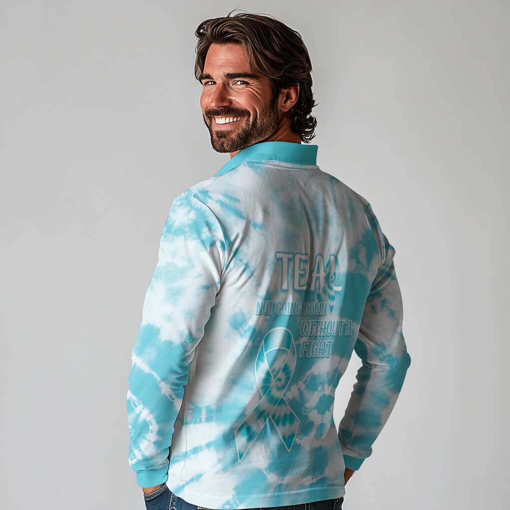 Teal Ribbon Cervical Cancer Awareness Long Sleeve Polo Shirt Not Going Down Without A Fight Tie Dye - Wonder Print Shop