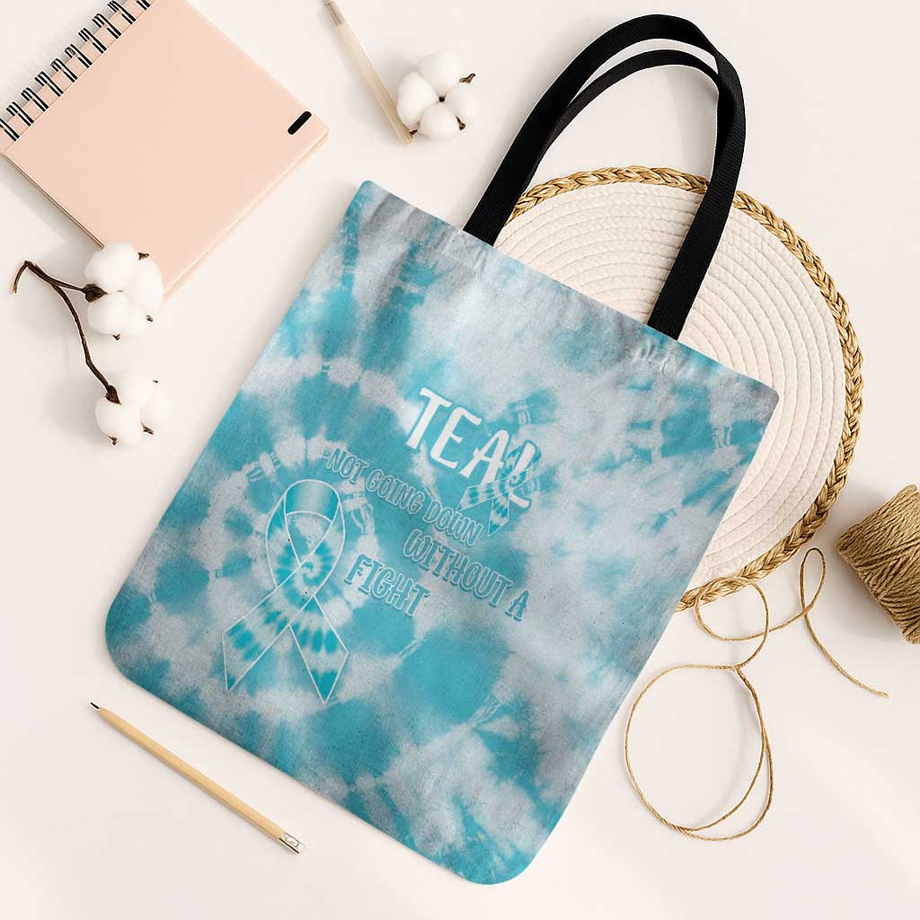 Teal Ribbon Cervical Cancer Awareness Tote Bag Not Going Down Without A Fight Tie Dye - Wonder Print Shop