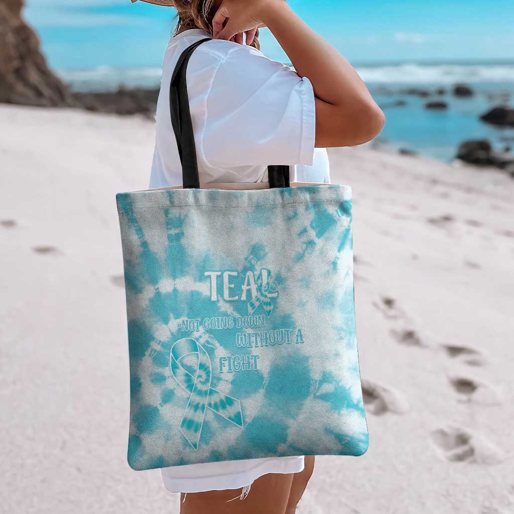 Teal Ribbon Cervical Cancer Awareness Tote Bag Not Going Down Without A Fight Tie Dye - Wonder Print Shop