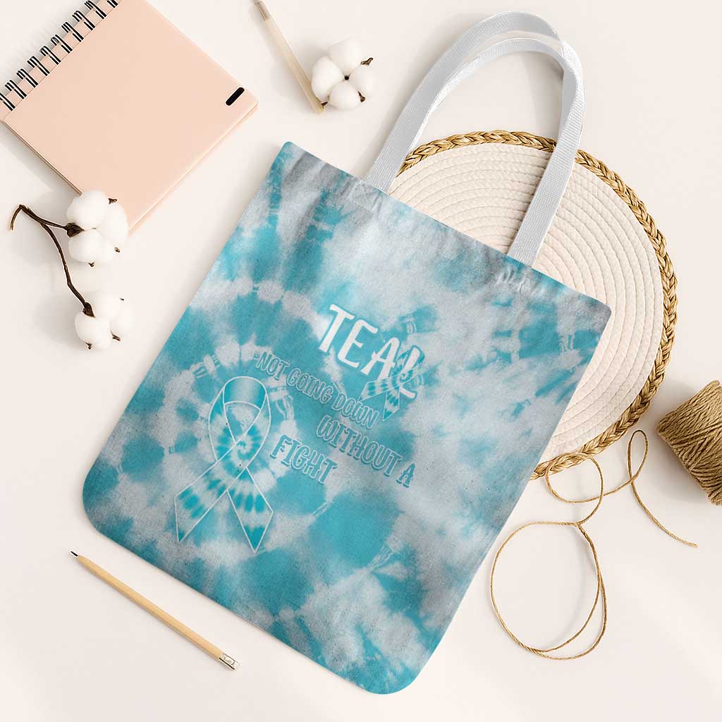 Teal Ribbon Cervical Cancer Awareness Tote Bag Not Going Down Without A Fight Tie Dye - Wonder Print Shop