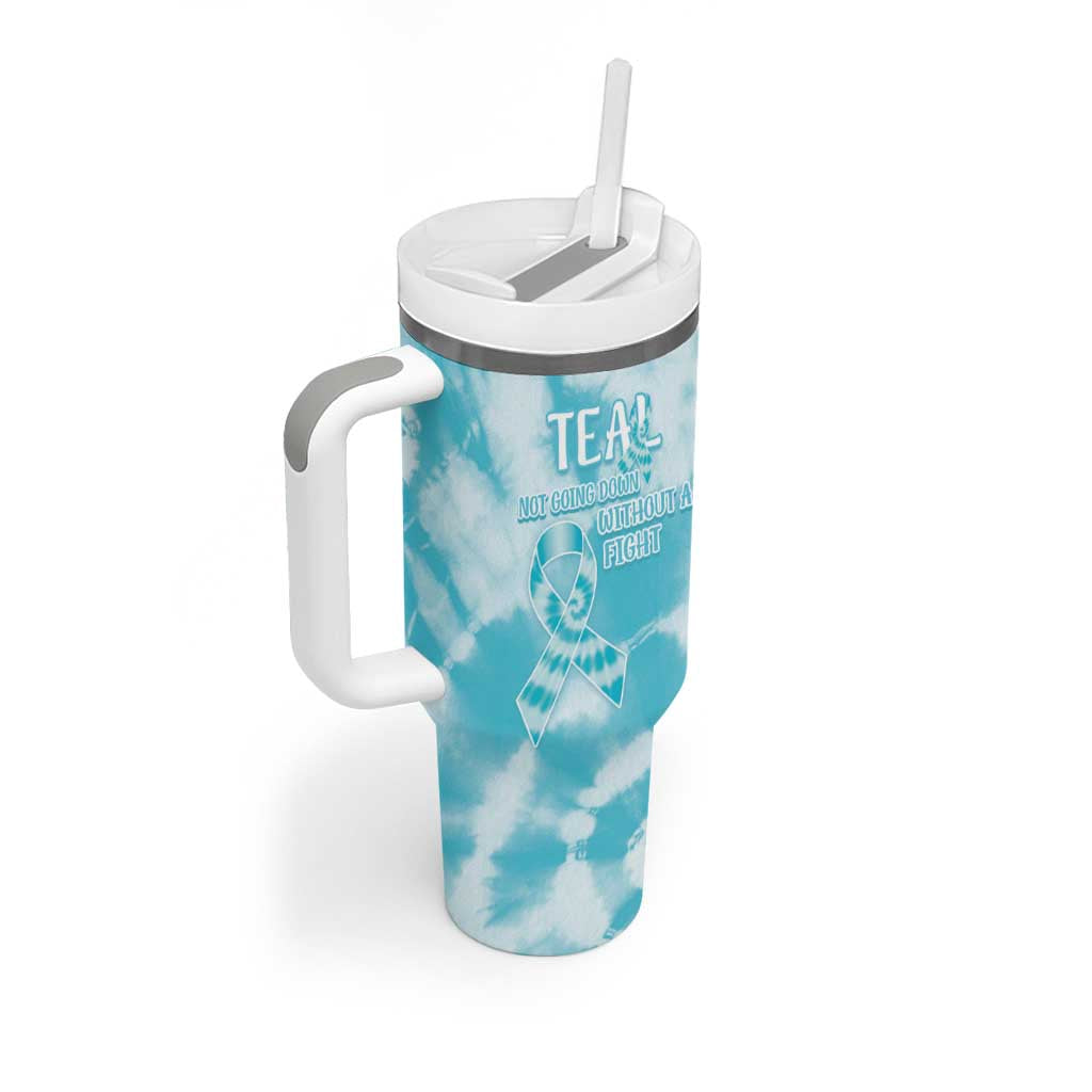 Teal Ribbon Cervical Cancer Awareness Tumbler With Handle Not Going Down Without A Fight Tie Dye - Wonder Print Shop