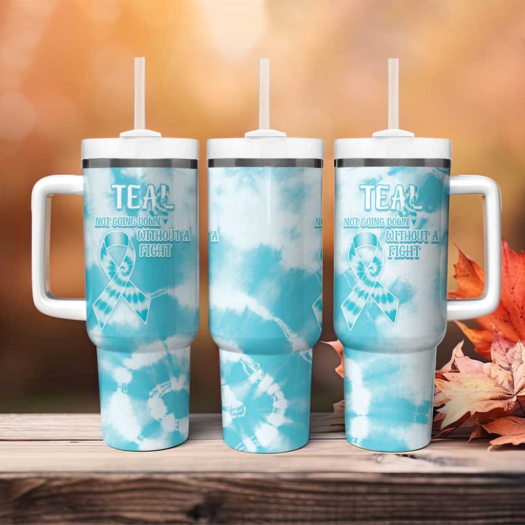 Teal Ribbon Cervical Cancer Awareness Tumbler With Handle Not Going Down Without A Fight Tie Dye - Wonder Print Shop
