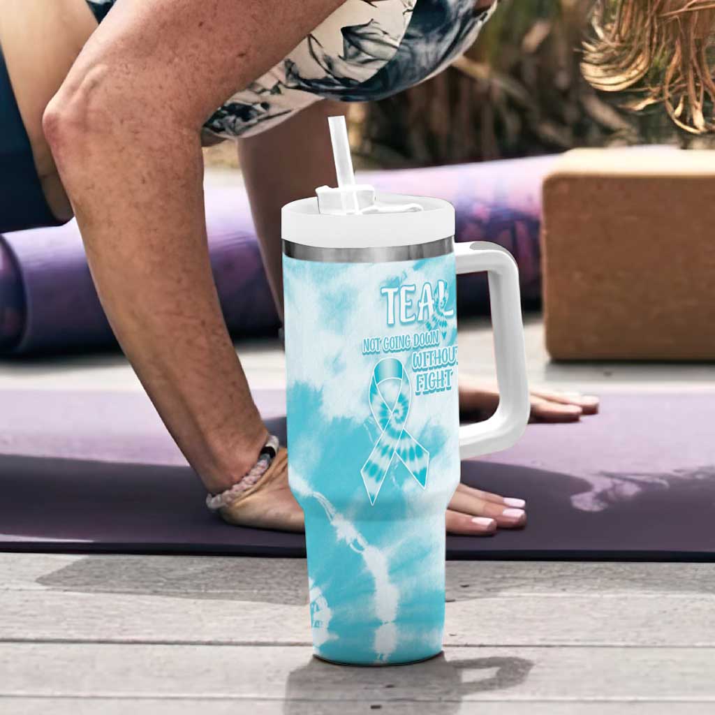 Teal Ribbon Cervical Cancer Awareness Tumbler With Handle Not Going Down Without A Fight Tie Dye - Wonder Print Shop