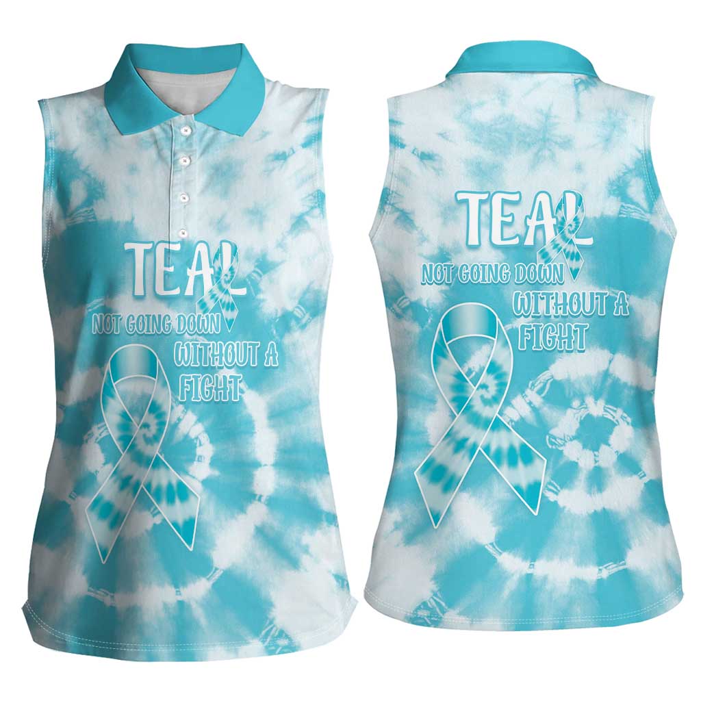 Teal Ribbon Cervical Cancer Awareness Women Sleeveless Polo Shirt Not Going Down Without A Fight Tie Dye - Wonder Print Shop