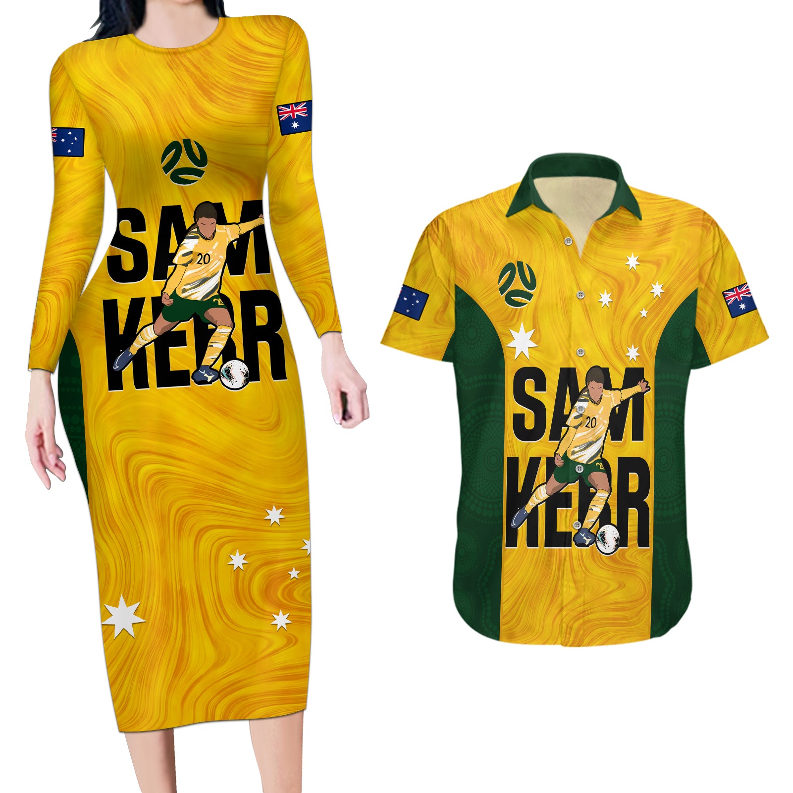 Australia Soccer Couples Matching Long Sleeve Bodycon Dress and Hawaiian Shirt Sam Kerr Matildas Proud 2023 World Cup Yellow - Wonder Print Shop
