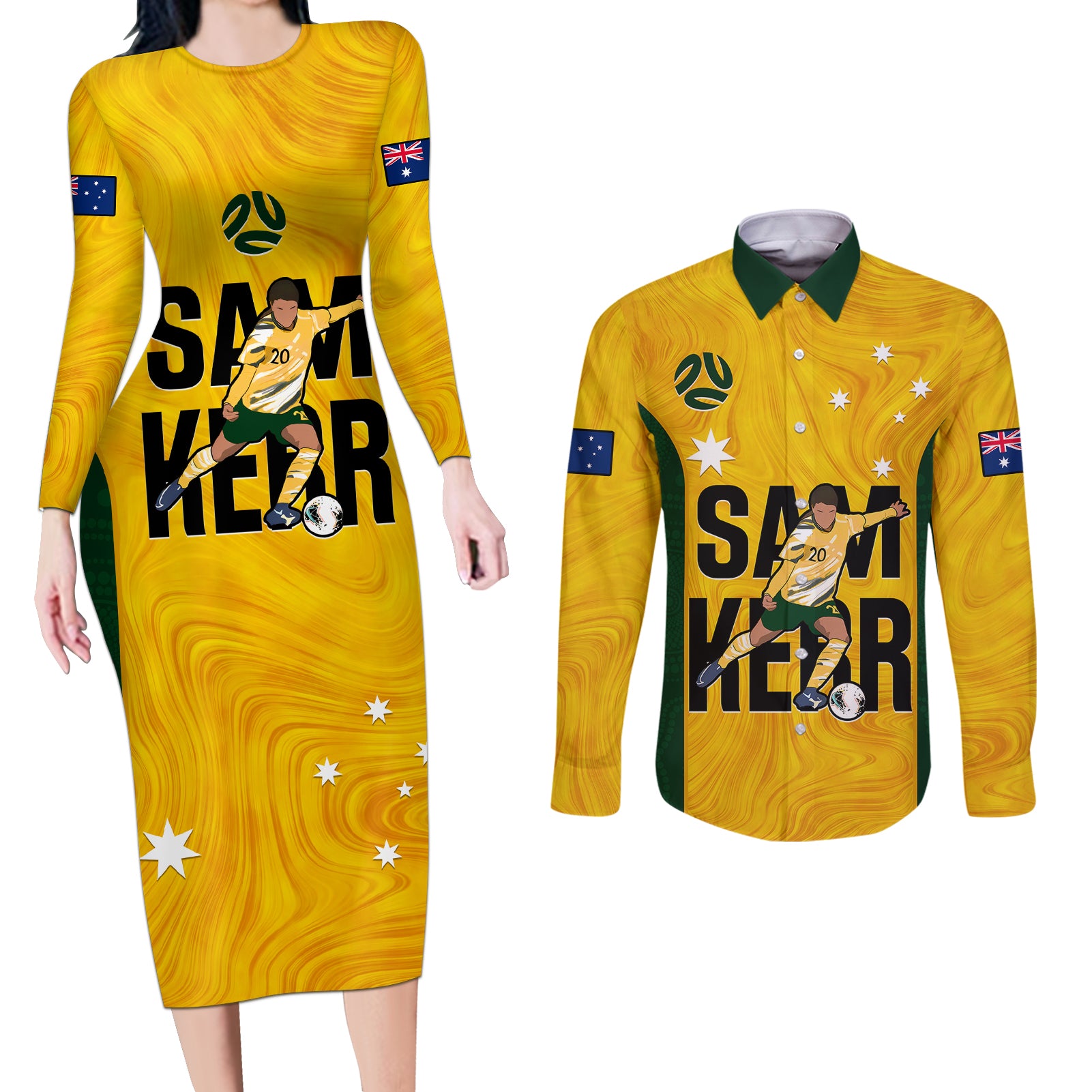 Australia Soccer Couples Matching Long Sleeve Bodycon Dress and Long Sleeve Button Shirts Sam Kerr Matildas Proud 2023 World Cup Yellow - Wonder Print Shop